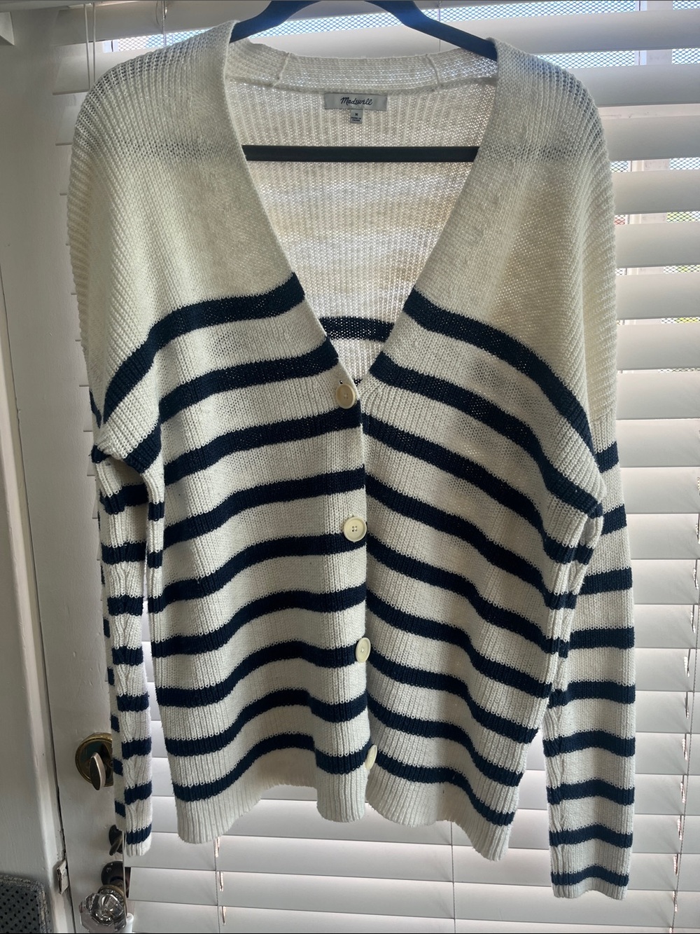 Madewell Navy and Cream Striped Button-Front Cardigan